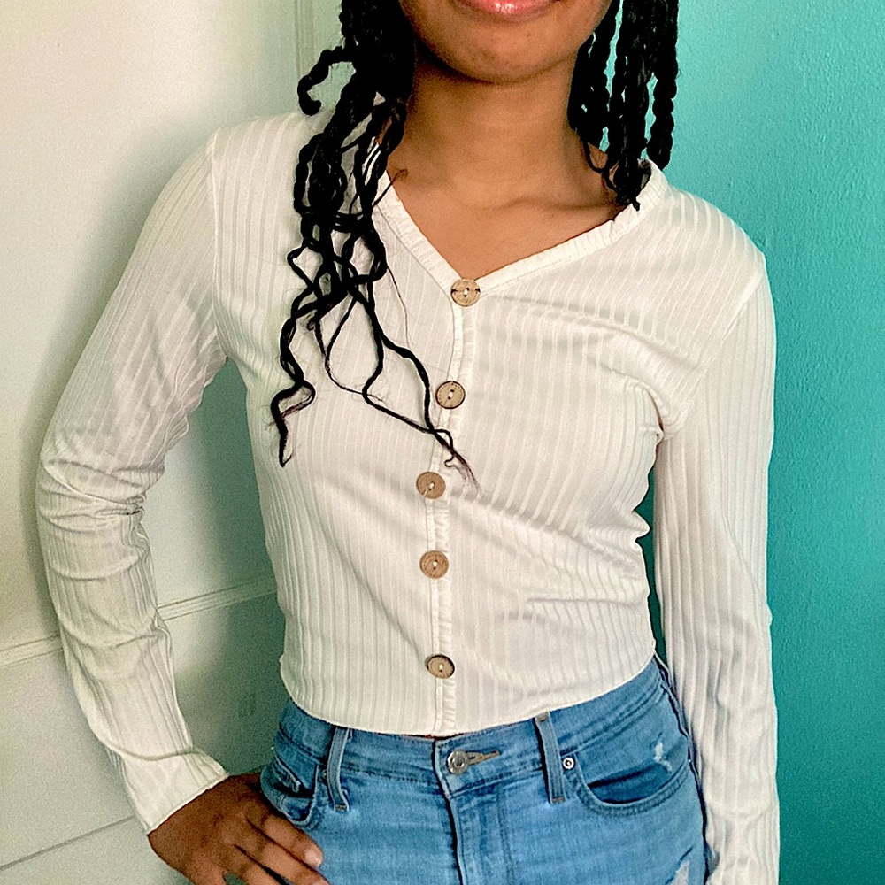 White Ribbed Shirt with Buttons
